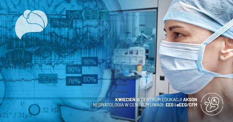Lekarka w masce medycznej na tle grafiki przedstawiającej zapis EEG mózgu noworodka.
