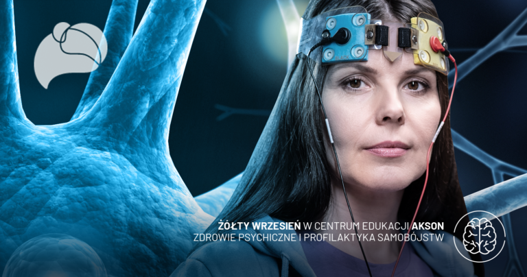 tES (tDCS) w zaburzeniach nastroju – neurostymulacja w praktyce terapeuty. Kobieta z elektrodami do przezczaszkowej stymulacji elektrycznej mózgu na tle neuronów.